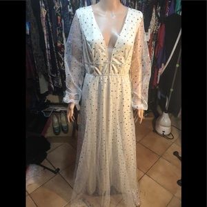 Retro Maxi Creme with Sheer Net Overlay Metallic Silver Polka Dot Accents
